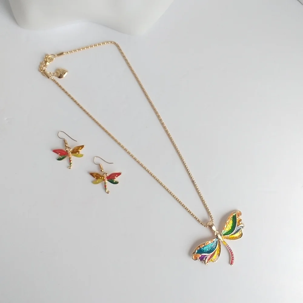 Beautiful Colourful Dragonfly Necklace Earrings - Picture 1 of 4